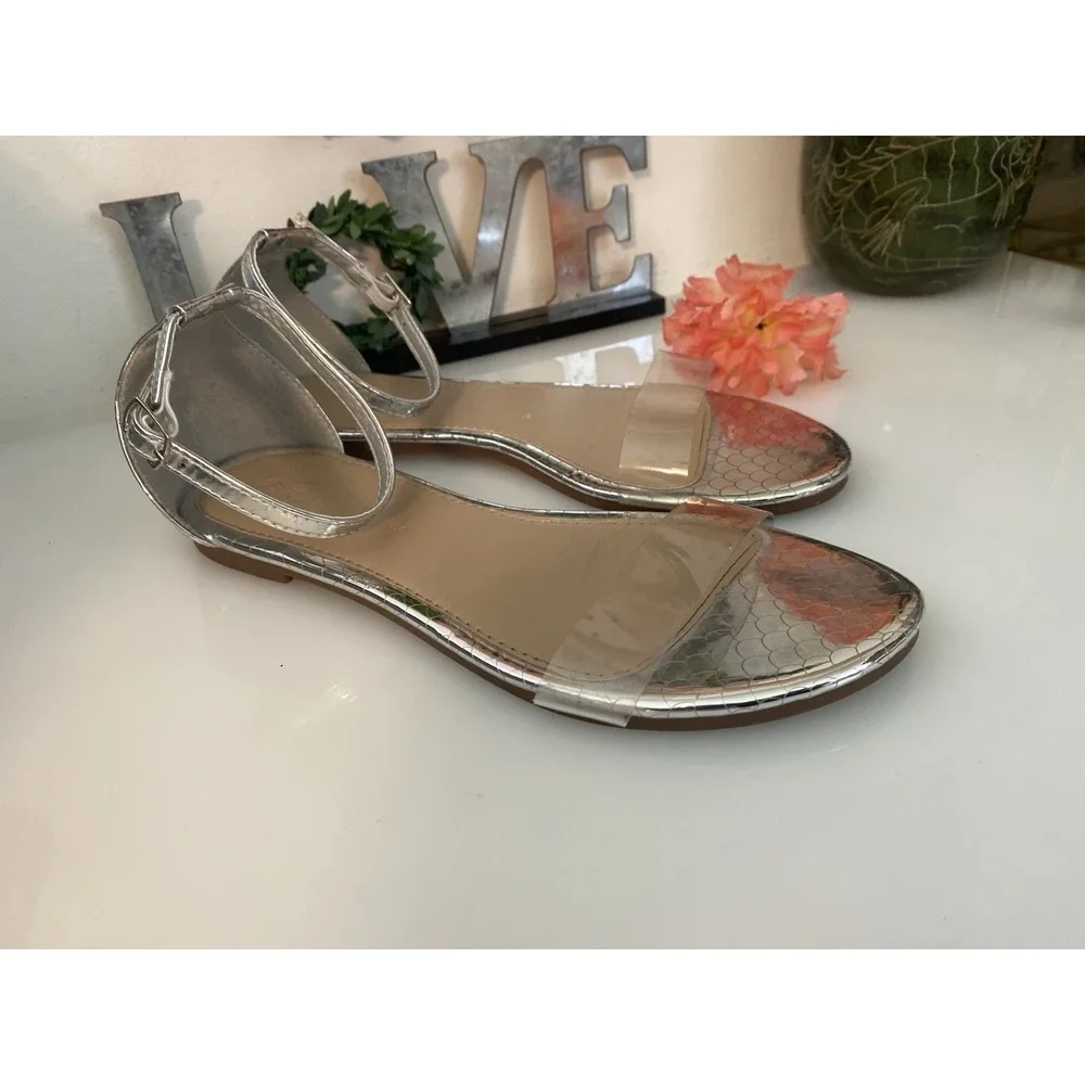 Clear Acrylic and Silver Faux Reptile Wild Diva Ankle Strap Sandals Size‎ 8/8.5